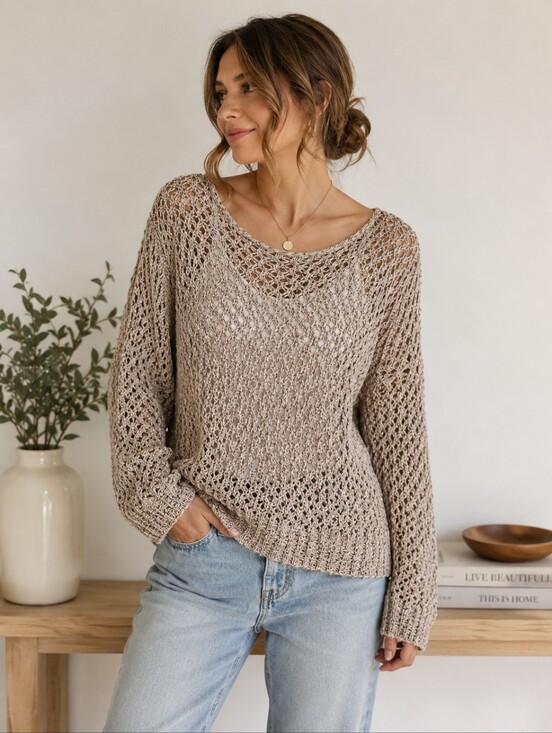 Kenar Sweaters - Kenar Open Knit Metallic Sweater XL Beige Marled Boho Crochet